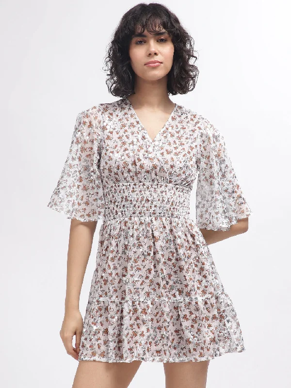 Your Shopping Wish, Our Discount Command!Elle Women Off White Printed V-Neck Short Sleeves Dress