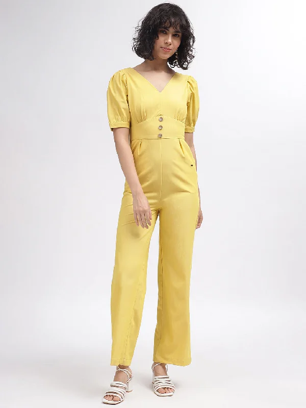 Every Deal is a Steal!Elle Women Yellow Solid V-Neck Short Sleeves Jumpsuit