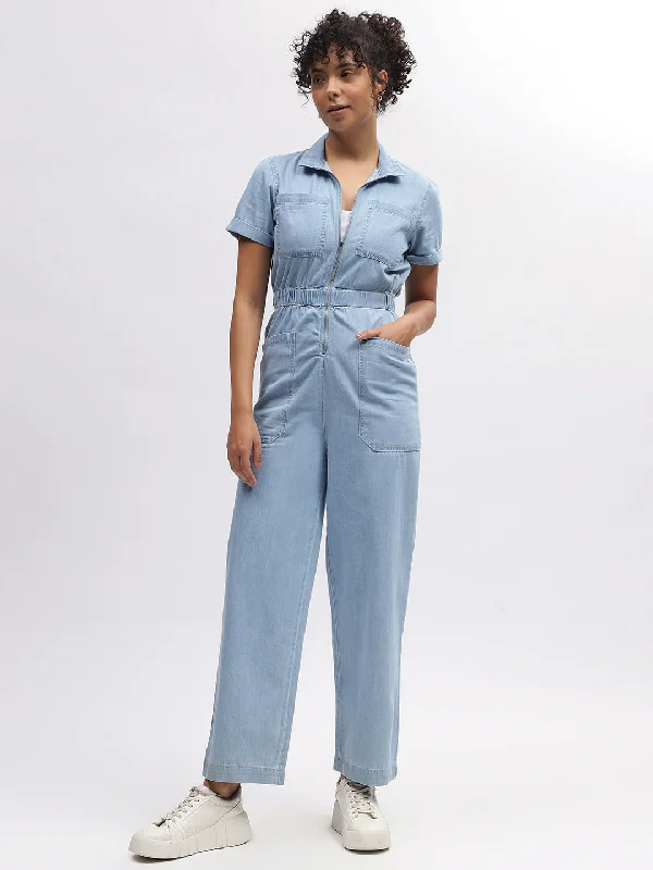 Save More with Every Purchase!Elle Women Blue Solid Shirt Collar Short Sleeves Jumpsuit