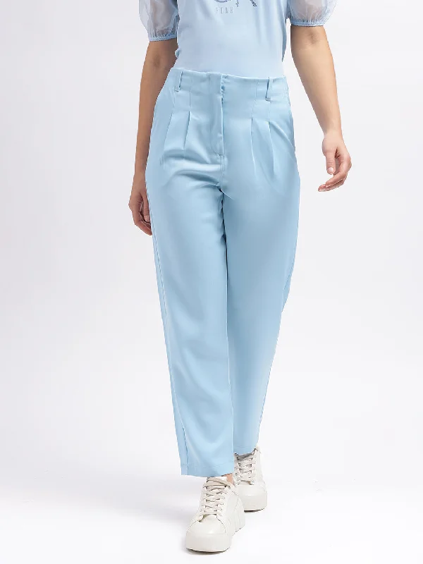 Mega Sale Happening Now!Elle Women Blue Solid Straight Fit High-Rise Trouser