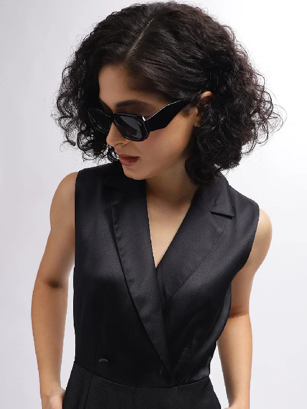 Savings You Can’t Ignore!Elle Women Black Solid Notched Collar Sleeveless Playsuit