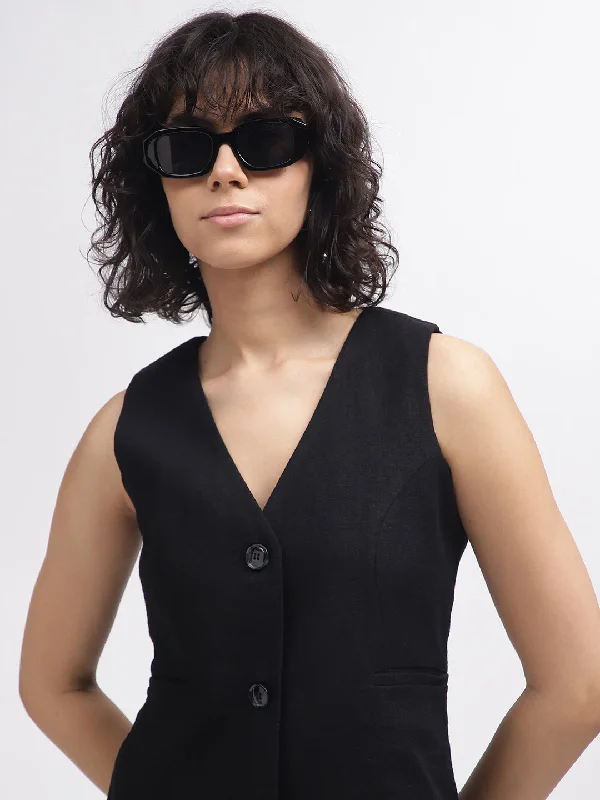 Best Deals Just for You!Elle Women Black Solid V-Neck Sleeveless Waist Coat