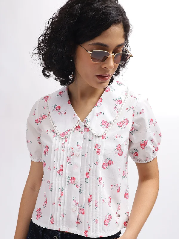 Buy One, Get One Free!Elle Women White Printed Shirt Collar Short Sleeves Top