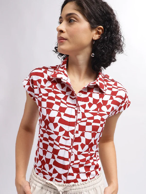 Enjoy Huge Discounts Now!Elle Women Red Printed Spread Collar Short Sleeves Top