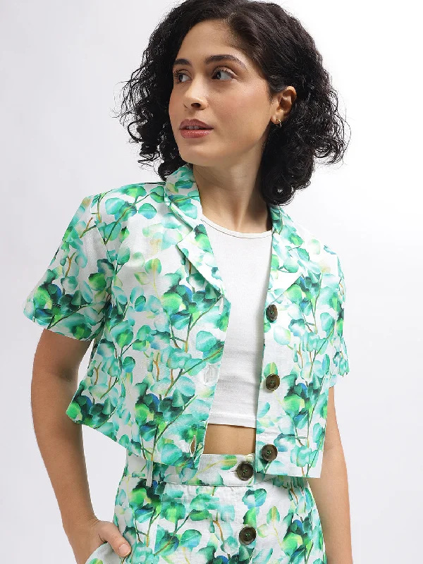 The Best Offers Are Here!Elle Women Green Printed Cuban Collar Short Sleeves Top