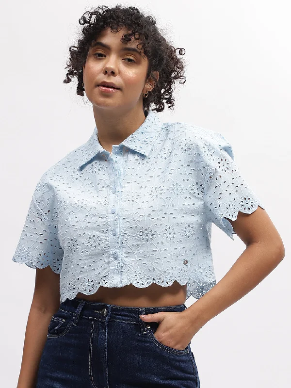 The Best Deals Won’t Wait!Elle Women Blue Embroidered Spread Collar Short Sleeves Top