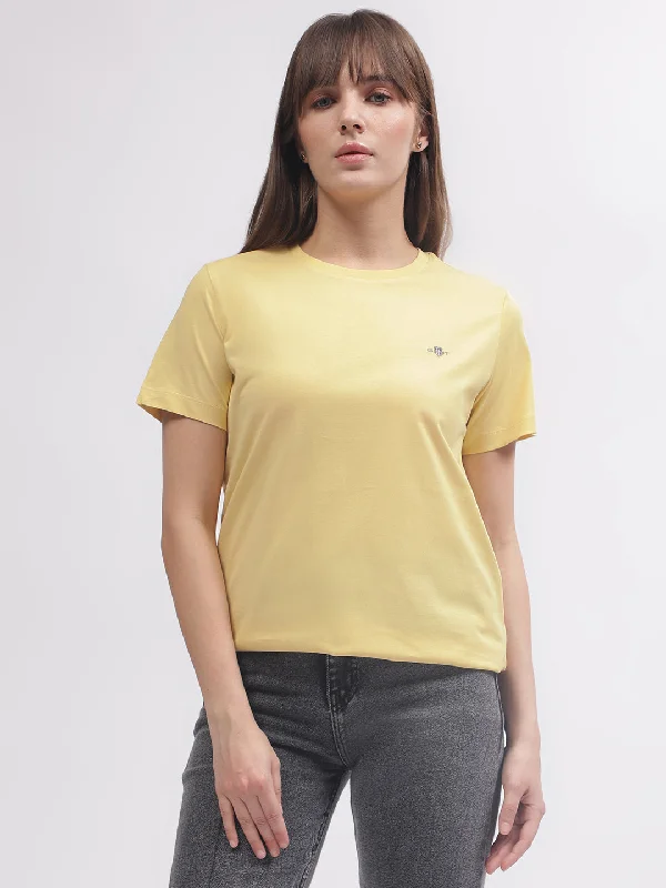 Everything Must Go!Gant Women Yellow Solid Round Neck Short Sleeves T-shirt