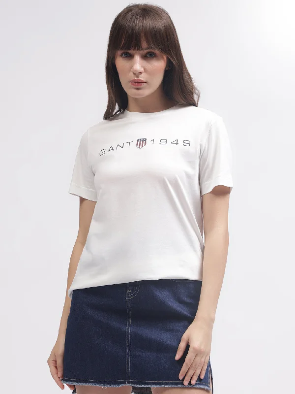 Price Drop Alert!Gant Women White Solid Round Neck Short Sleeves T-shirt