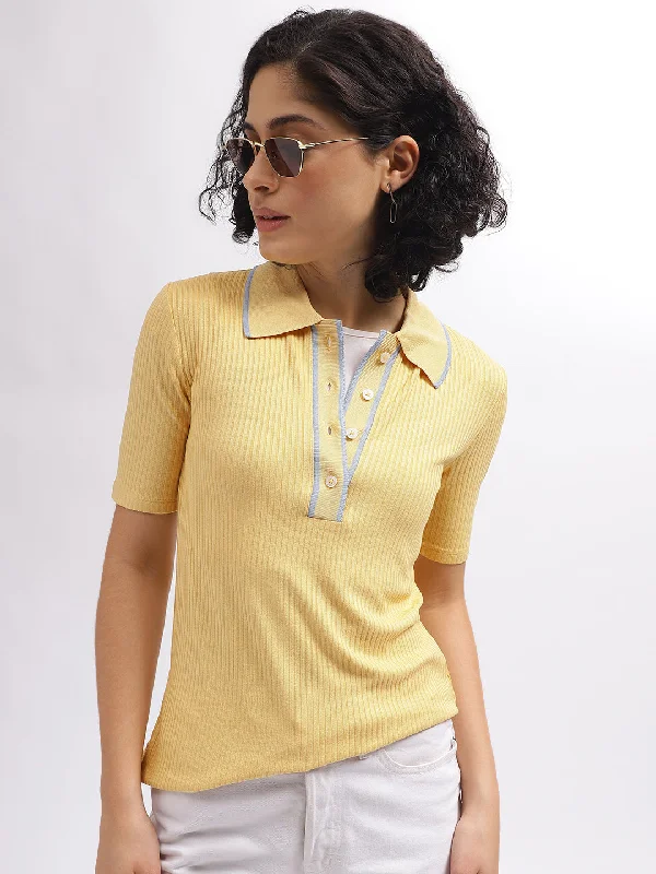 Get More for Less!Gant Women Yellow Solid Polo Collar Short Sleeves T-Shirt