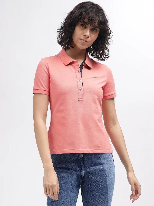 Time to Save Big!Gant Women Pink Solid Polo Collar Short Sleeves T-Shirt