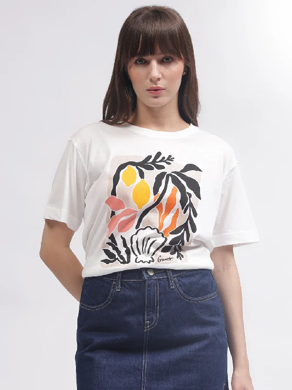 The Best Sale of the Year!Gant Women White Printed Round Neck Short Sleeves T-shirt