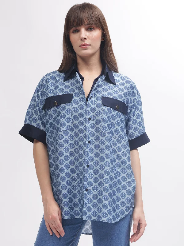 Get It Before It’s Gone!Gant Women Blue Printed Short Sleeves Shirt