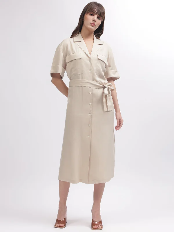 Hot Deals You Can’t Resist!Gant Women Beige Solid Notched Lapel Short Sleeves Dress