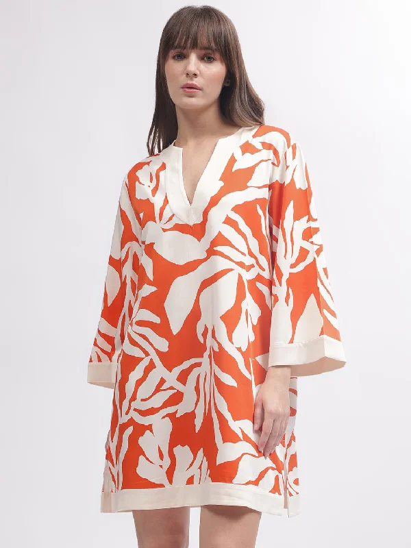 Mega Sale Happening Now!Gant Women Orange Printed V Neck 3/4th Sleeves Dress