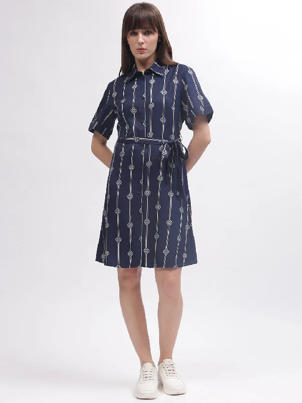 Special Discounts Inside!Gant Women Blue Printed Shirt Collar Short Sleeves Dress