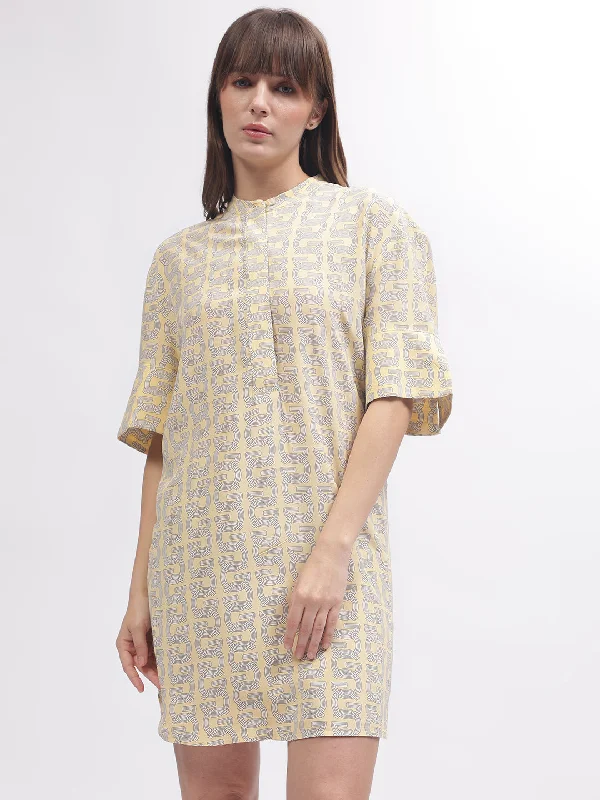 Get More for Less!Gant Women Yellow Printed Band Collar Short Sleeves Dress