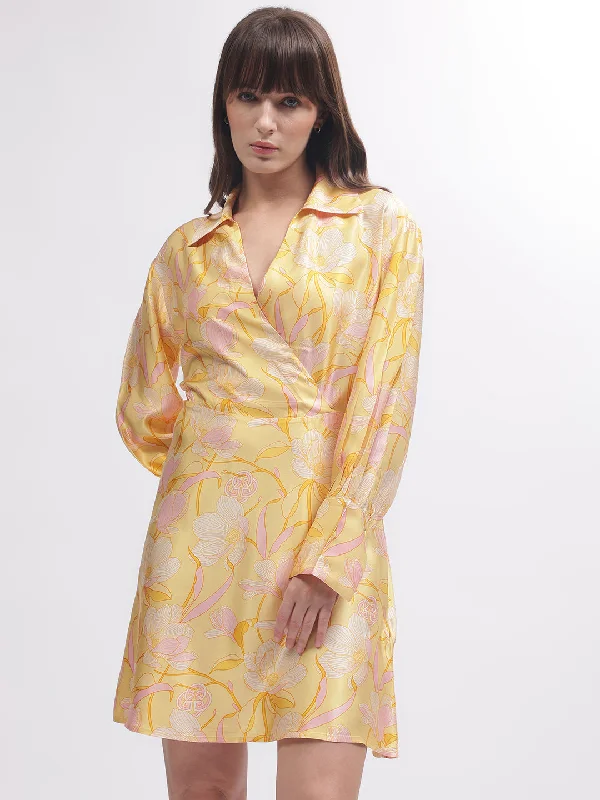 Limited Stock Available!Gant Women Yellow Printed Shirt Collar Full Sleeves Dress