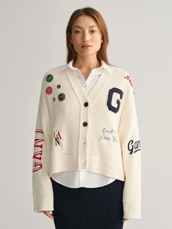 Amazing Prices You Can’t Resist!Gant Women Cream Embroidered  Full Sleeves Cardigan Sweater