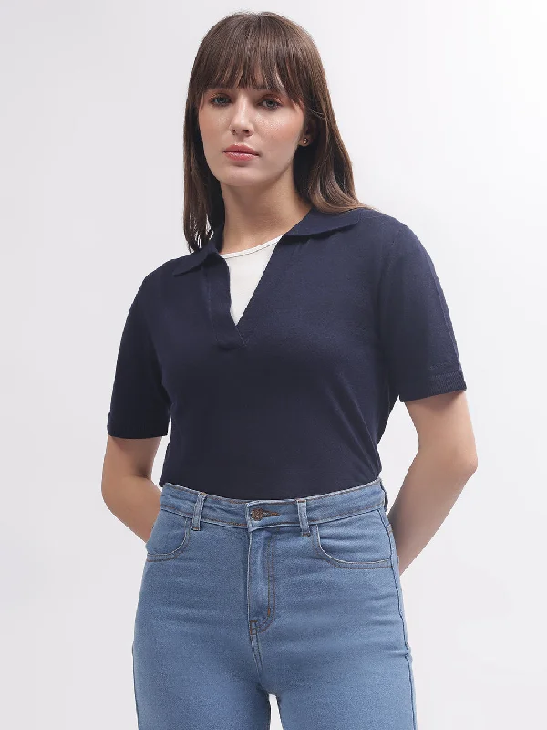 Flash Sale – Act Fast!Gant Women Navy Blue Solid Polo Short Sleeves T-shirt