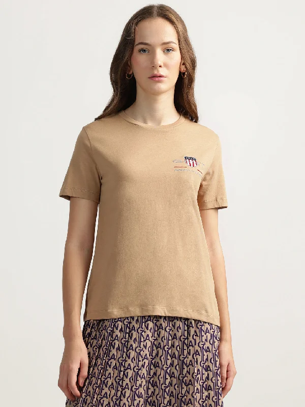 Upgrade for Less!Gant Women Beige Solid Round Neck Short Sleeves T-Shirt