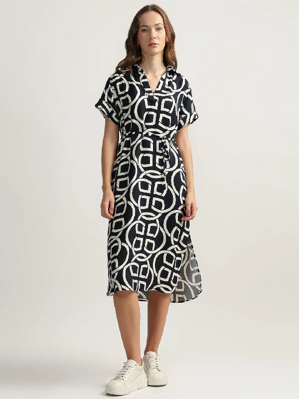 Grab Yours Before It’s Too Late!Gant Women Black Printed Spread Collar Short Sleeves A-line Dress