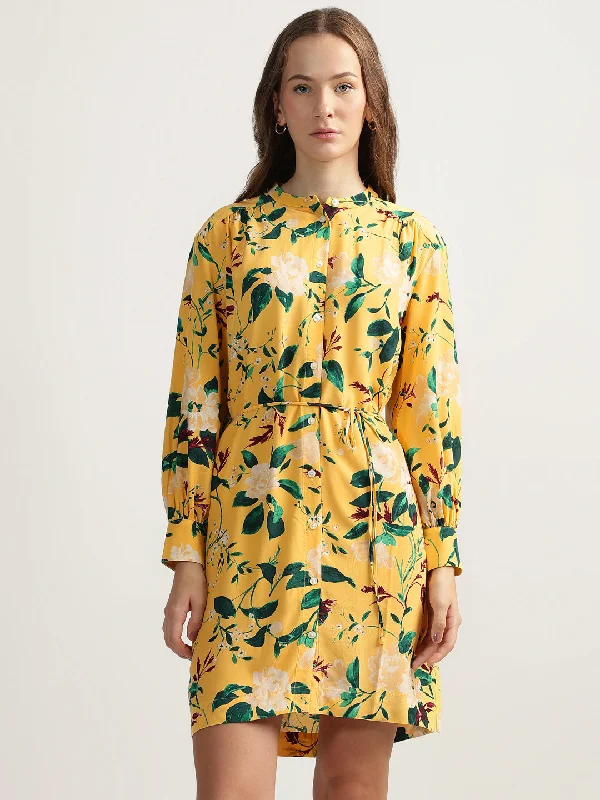 Score Big Savings Today!Gant Women Yellow Printed Band Collar Full Sleeves Shirt Dress