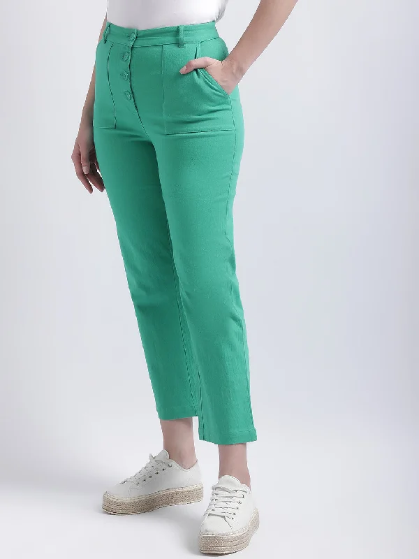 Hurry, Sale Ends Soon!Iconic Women Green Solid Straight Fit Mid-Rise Trouser