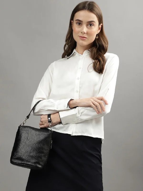 Mega Sale Happening Now!Iconic Women White Solid Spread Collar Full Sleeves Shirt