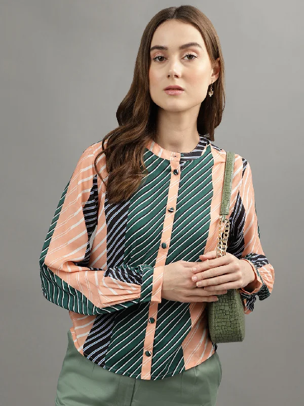 Get More for Less!Iconic Women Multicolor Striped Spread Collar Full Sleeves Shirt