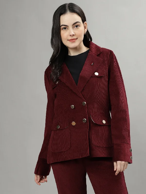 Limited Stock Available!Iconic Women Wine Solid Notch Lapel Full Sleeves Blazer