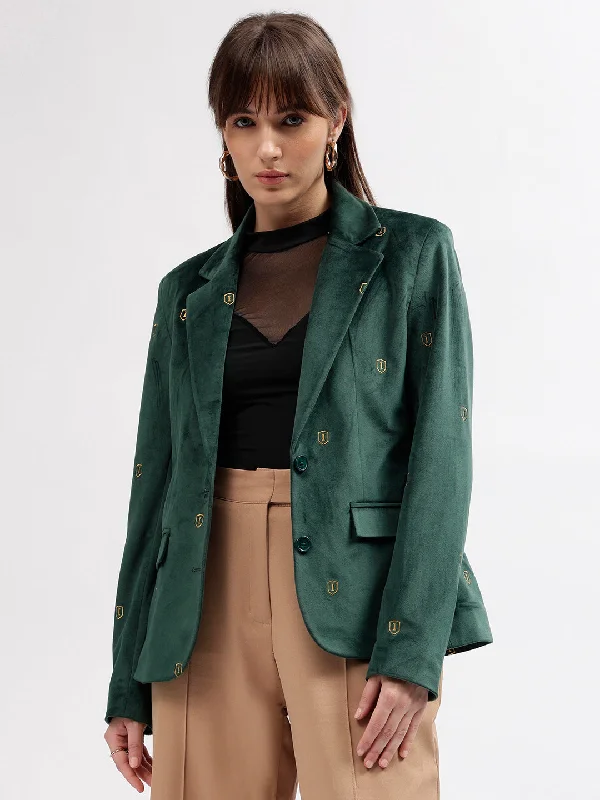 Your Favorite Items on Sale Now!Iconic Women Green Solid Notch Lapel Full Sleeves Single Breasted Blazer