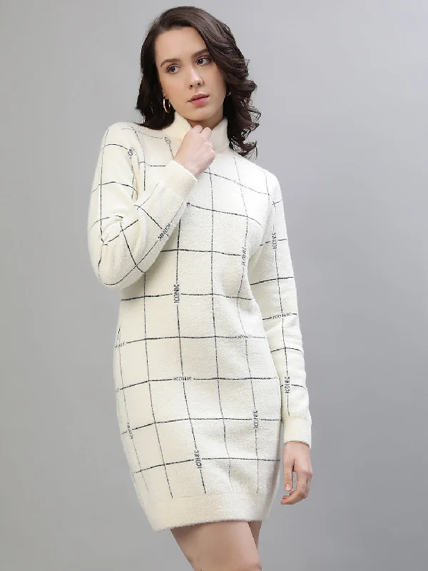 Flash Sale – Act Fast!Iconic Women White Checked Turtle Neck Full Sleeves Dress