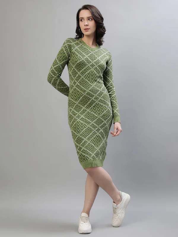 Buy More, Save More!Iconic Women Green Jacquard Round Neck Full Sleeves Dress