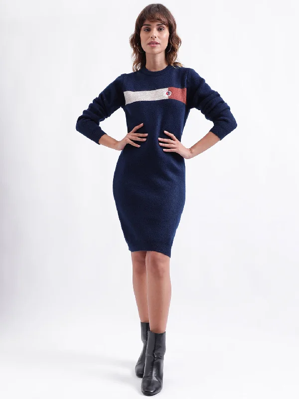 Unbeatable Prices!Iconic Women Navy Blue Colorblocked Round Neck Full Sleeves Dress