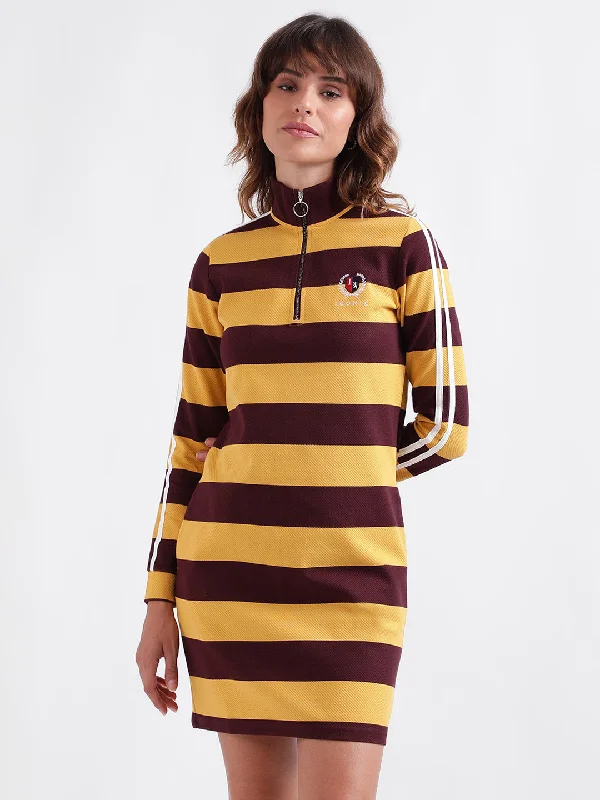 Biggest Sale of the Season!Iconic Women Multicolor Striped High Neck Full Sleeves Dress