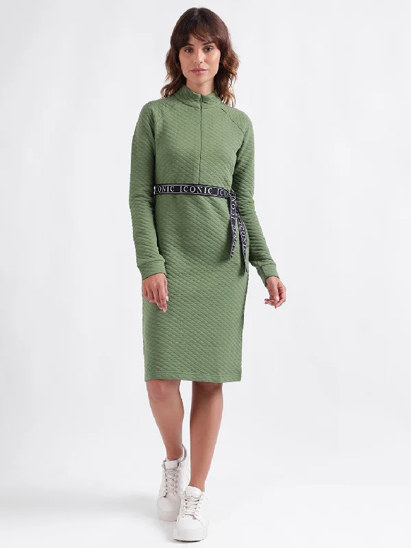 Hurry! While Supplies Last!Iconic Women Green Solid Stand Collar Full Sleeves Dress