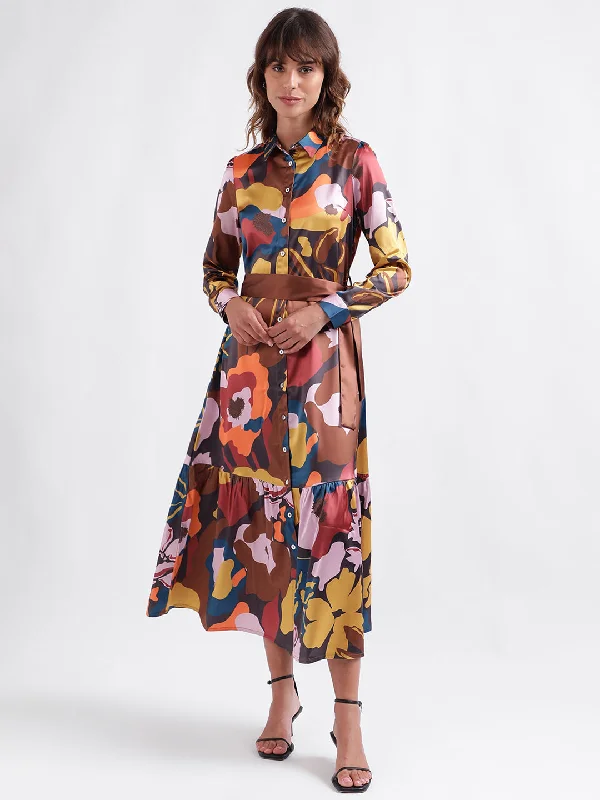 Exclusive Deals Just for You!Iconic Women Multicolor Printed Shirt Collar Full Sleeves Dress