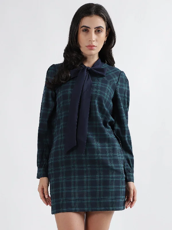 Shop Now and Save!Iconic Women Navy Blue Checked Tie Up Neck Full Sleeves Dress