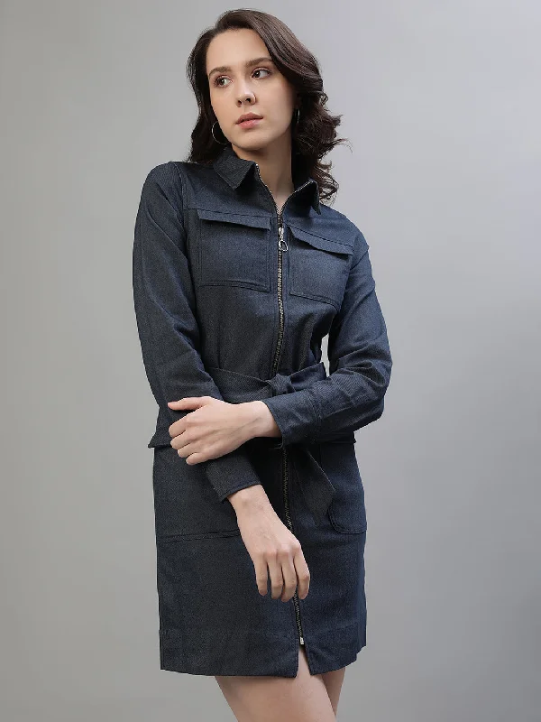 Get More, Spend Less – Shop Now!Iconic Women Blue Solid Spread Collar Full Sleeves Dress