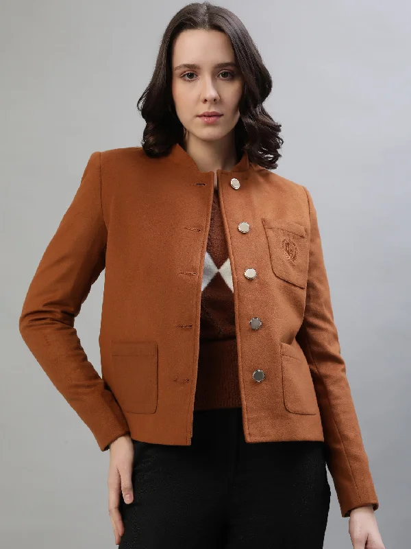 Best Offers of the Month!Iconic Women Brown Solid High Neck Full Sleeves Jacket