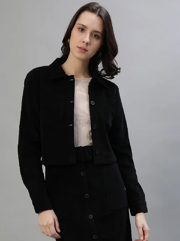 Exclusive Offers You’ll Love!Iconic Women Black Solid Spread Collar Full Sleeves Jacket