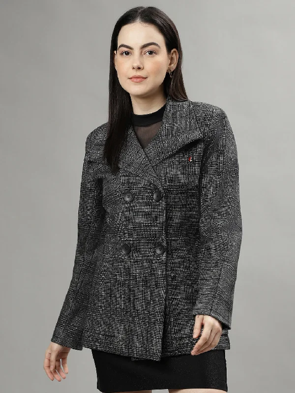 Shop Early, Save Big!Iconic Women Black Checked Spread Collar Full Sleeves Coat