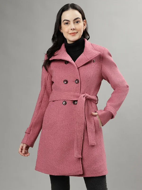 Your Favorite Sale is Back!Iconic Women Pink Solid Spread Collar Full Sleeves Overcoat