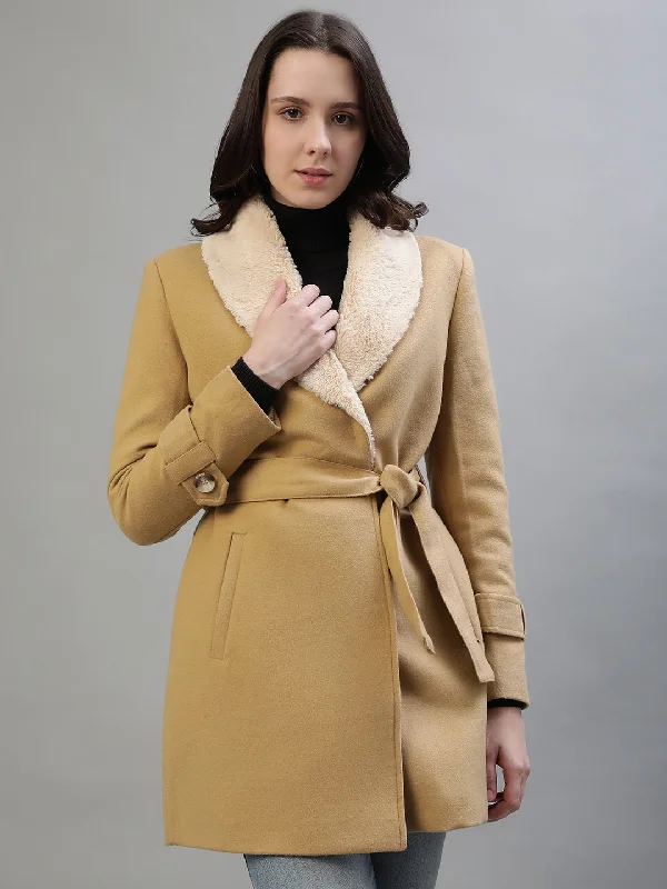 Every Deal is a Steal!Iconic Women Beige Solid Shawl Collar Full Sleeves Coat