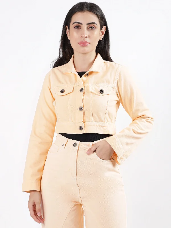 Huge Price Cuts Await!Iconic Women Orange Solid Spread Collar Full Sleeves Jacket