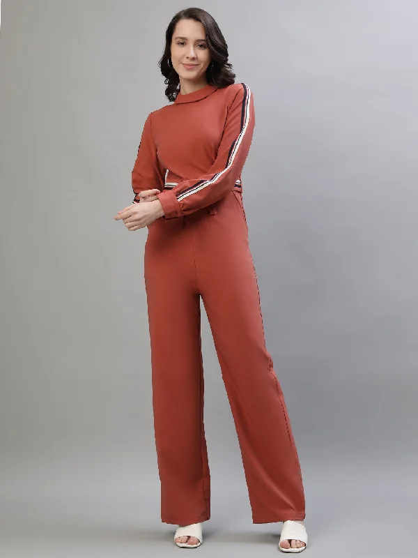 Incredible Savings Inside!Iconic Women Rust Solid High Neck Full Sleeves Jumpsuit