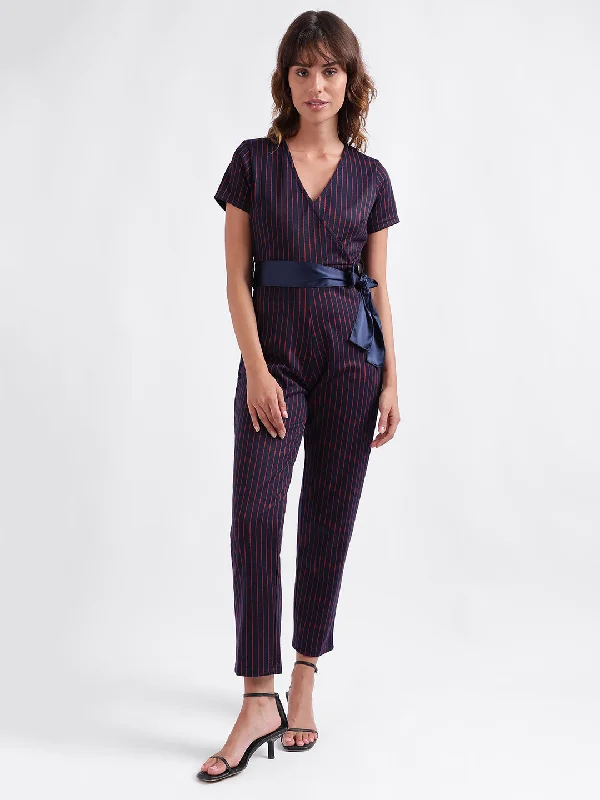 Shop Before It’s Gone!Iconic Women Navy Blue Striped V-Neck Short Sleeves Jumpsuit