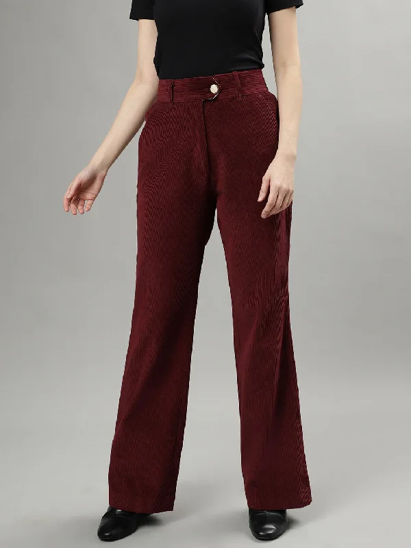 Save More Than Ever!Iconic Women Wine Solid Regular Fit Mid-Rise Trouser