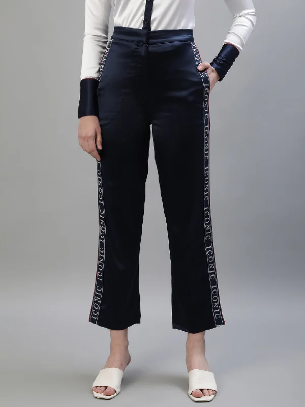 Today’s Deals, Tomorrow’s Regrets!Iconic Women Navy Blue Solid Regular Fit Mid-Rise Trouser