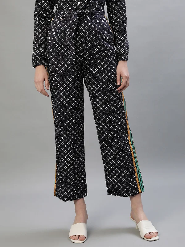 Hottest Discounts of the Year!Iconic Women Navy Blue Printed Straight Fit Mid-Rise Trouser